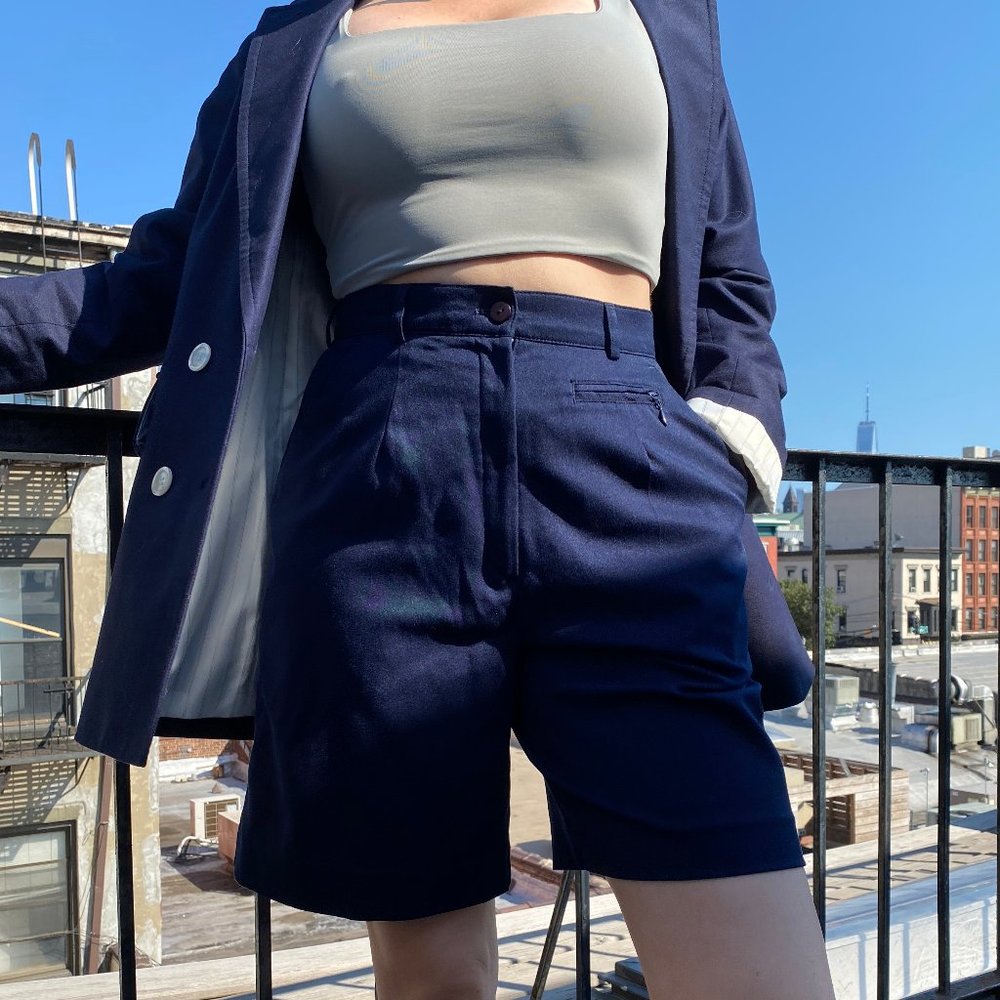 Navy blue high waisted nautical shorts S, simple classic bermuda Tail shorts